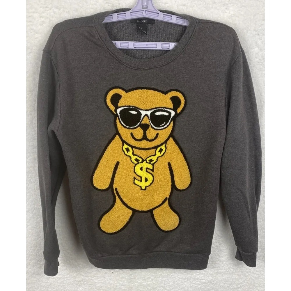 Forever 21 Money Cash Dollar Sign Bear Sweatshirt Gray SZ Small Snoop Dogg Ice T